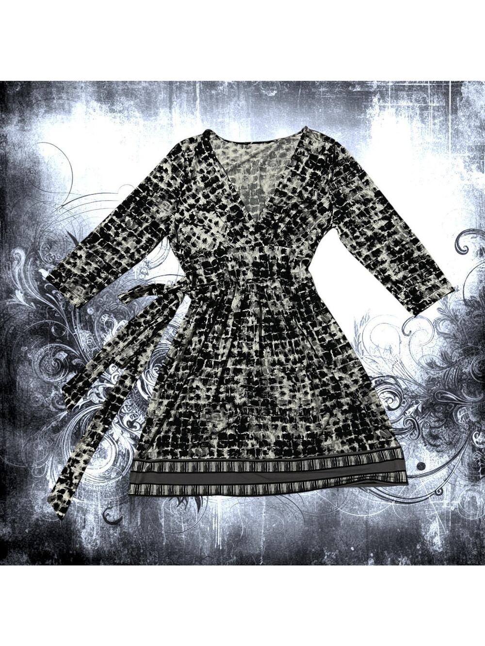 Black and white abstract print deep V-neckline dress